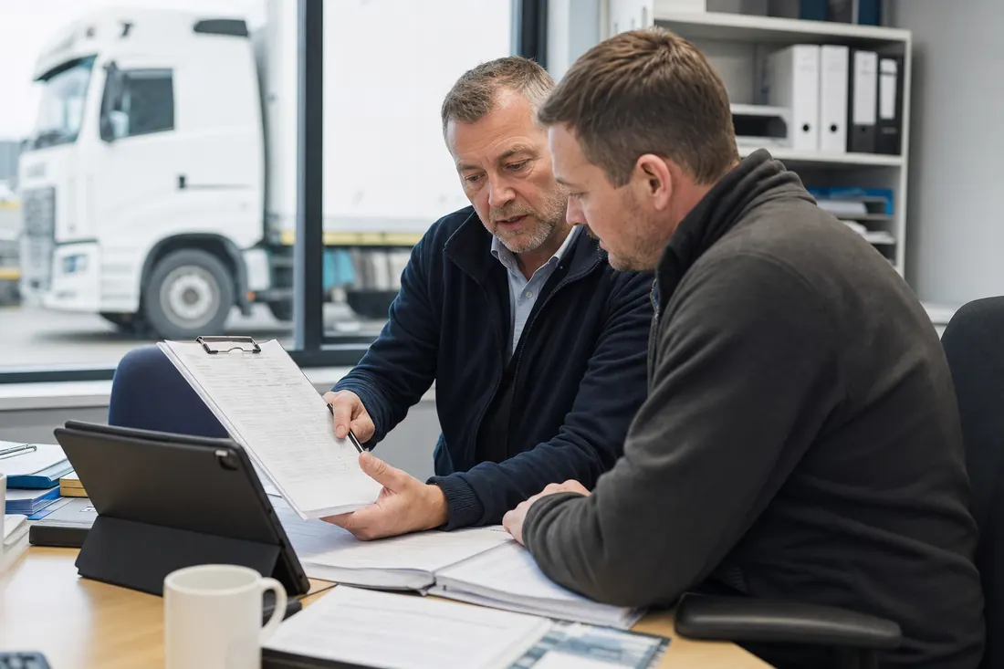 Transport consultant reviewing compliance records with an operator