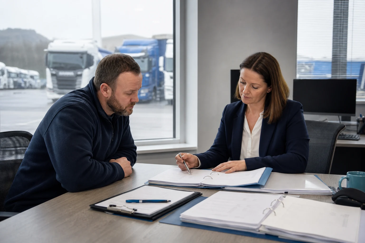 Transport consultant reviewing compliance records with a haulage operator