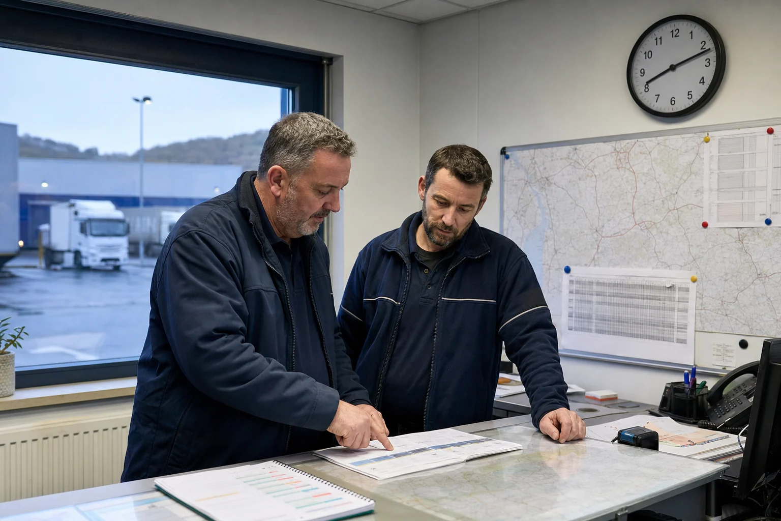 Transport planner and driver reviewing routes and working schedules