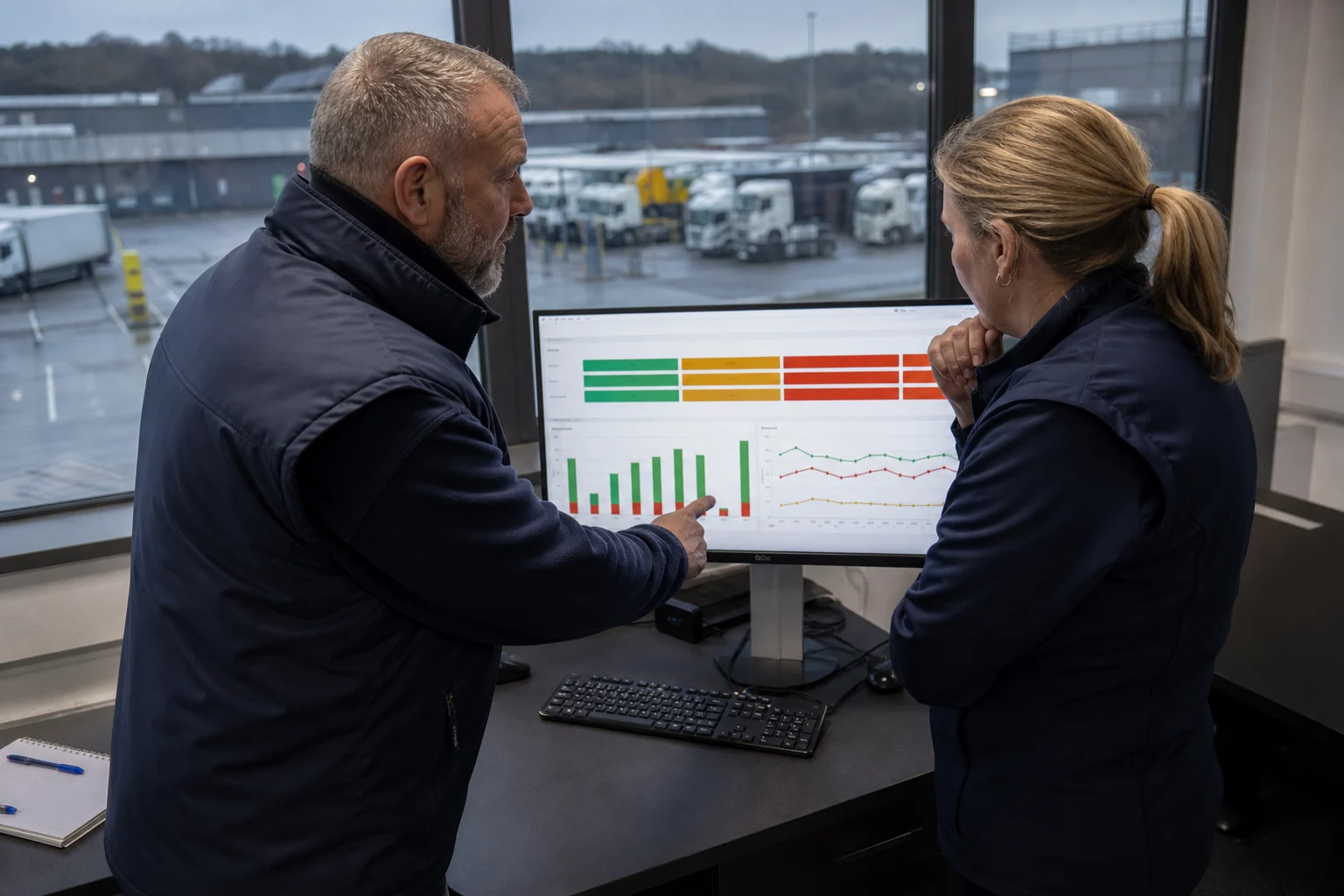 Transport operator reviewing compliance risk trends with a consultant