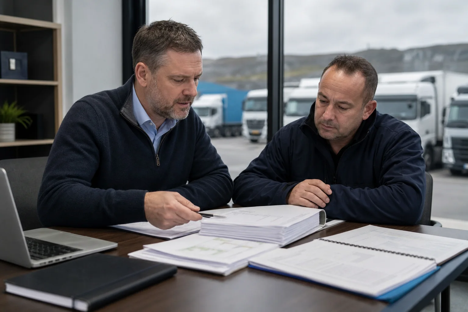 Transport consultant reviewing an Operator Licence application with an operator