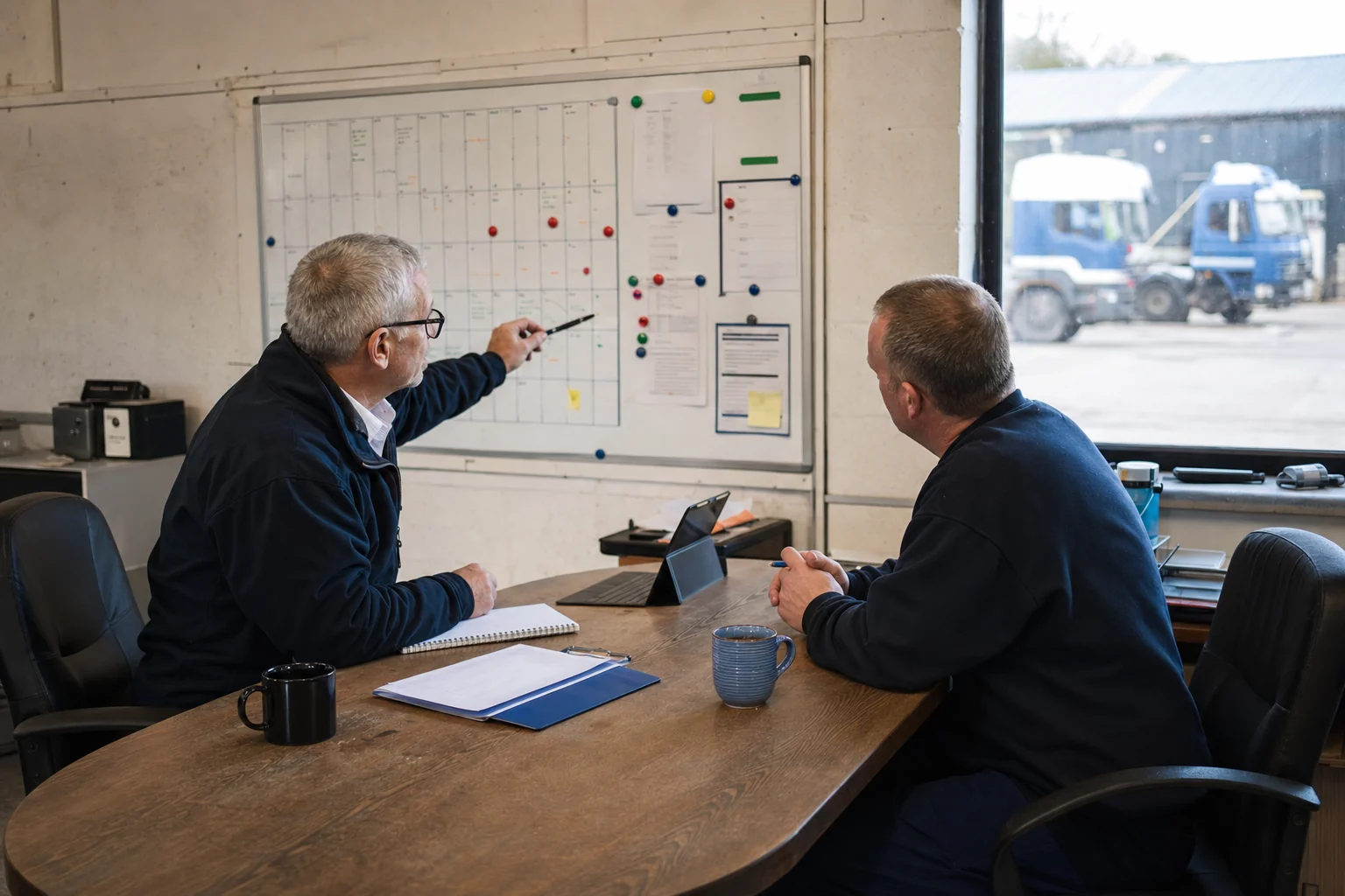Transport consultant and operator reviewing a compliance planner