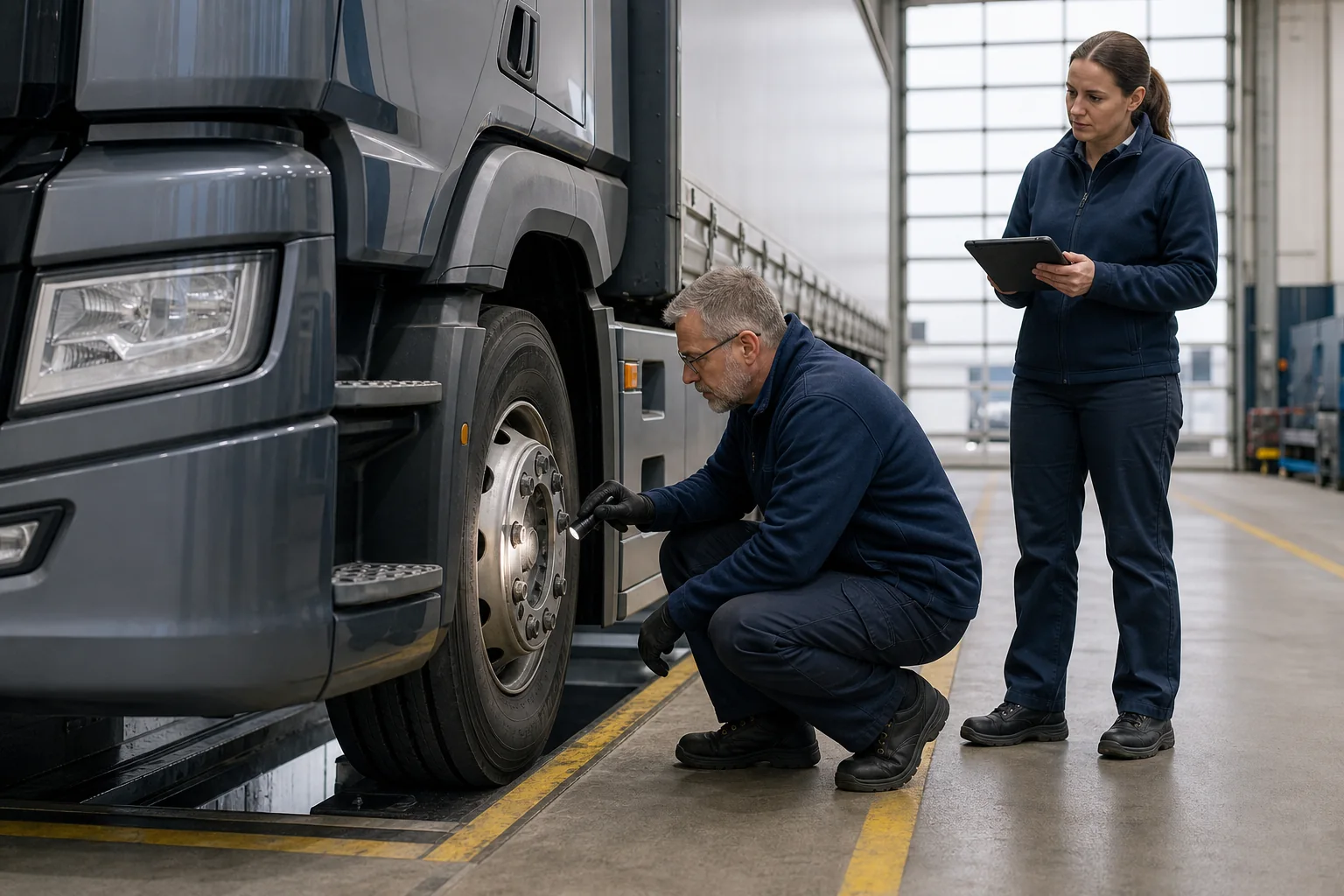 Commercial vehicle undergoing a roadworthiness inspection
