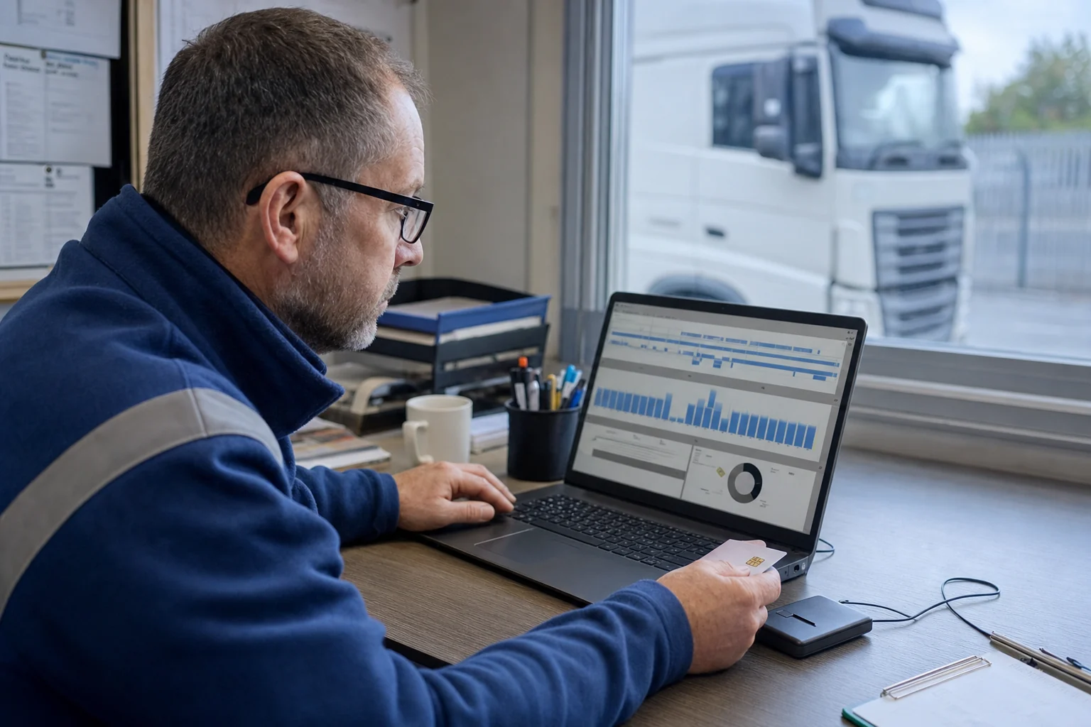 Transport compliance professional reviewing tachograph analysis data