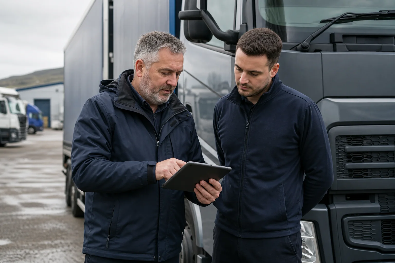 Transport Manager reviewing fleet information with a depot colleague