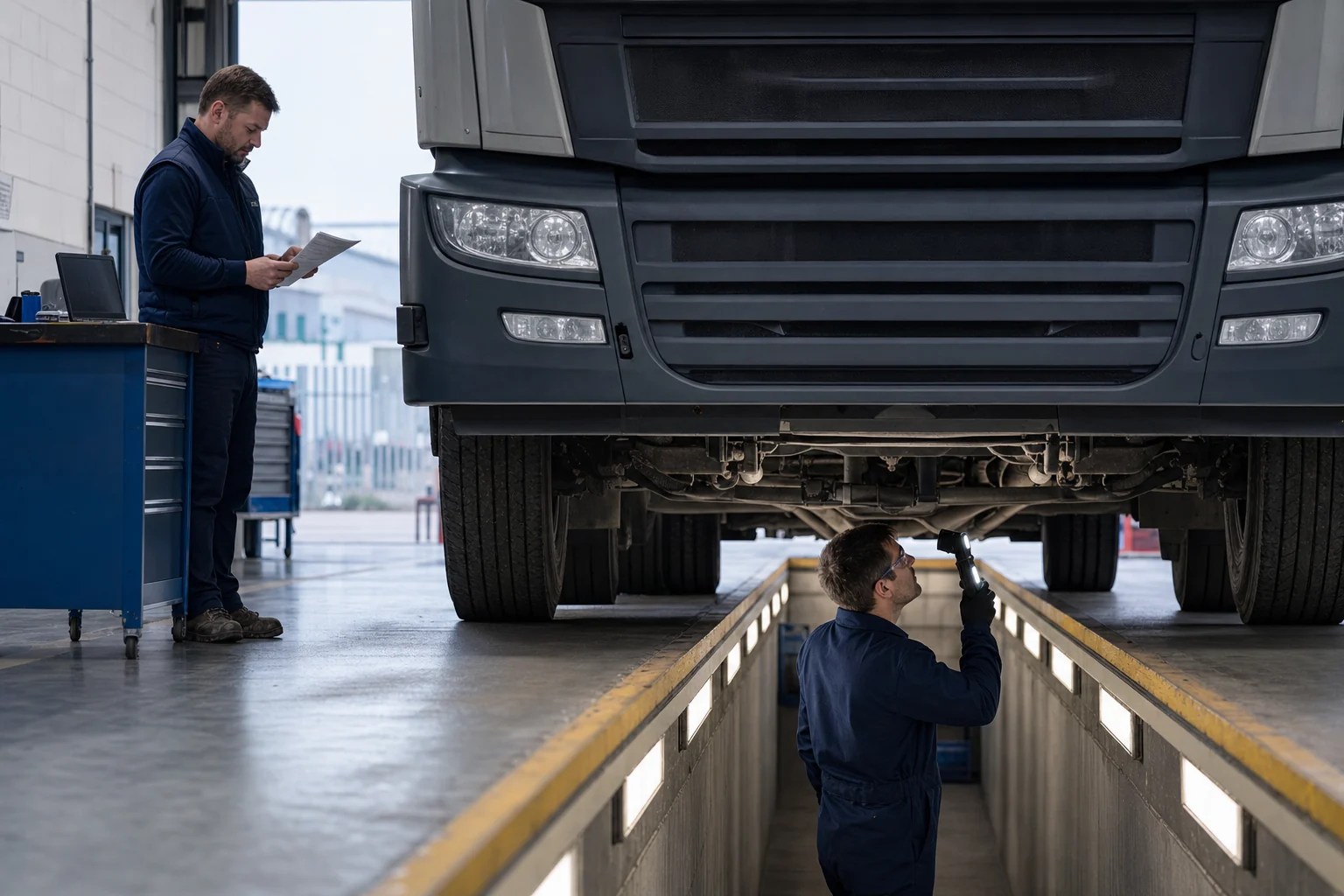 HGV undergoing a planned safety inspection over an inspection pit