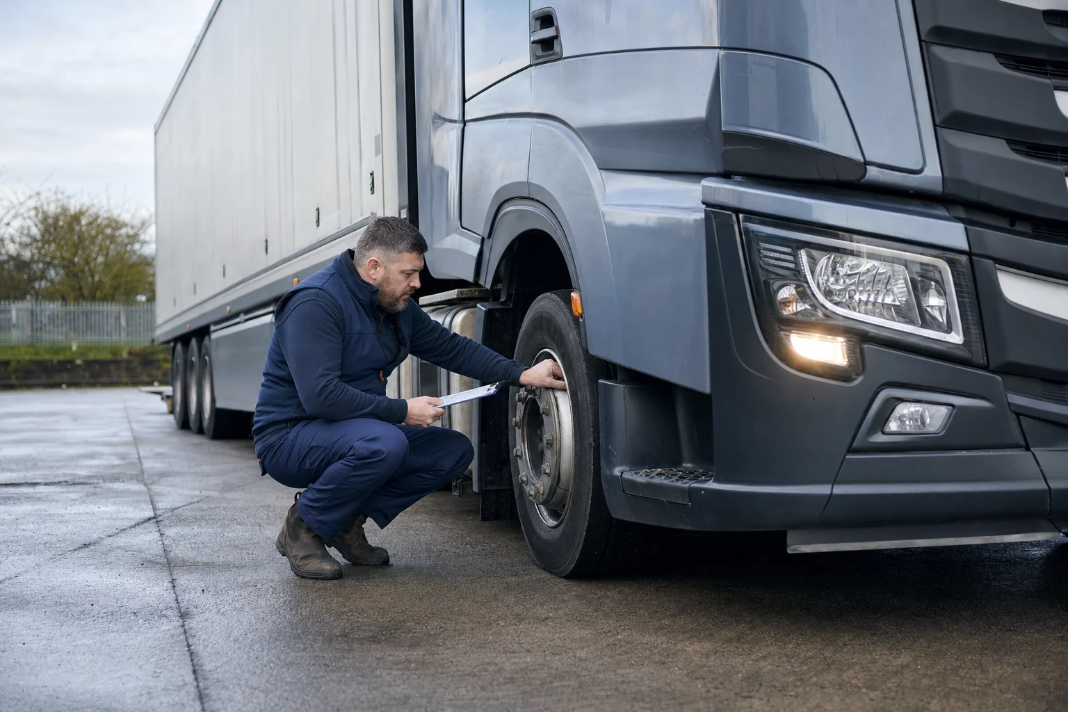HGV driver inspecting a wheel during a daily walkaround check